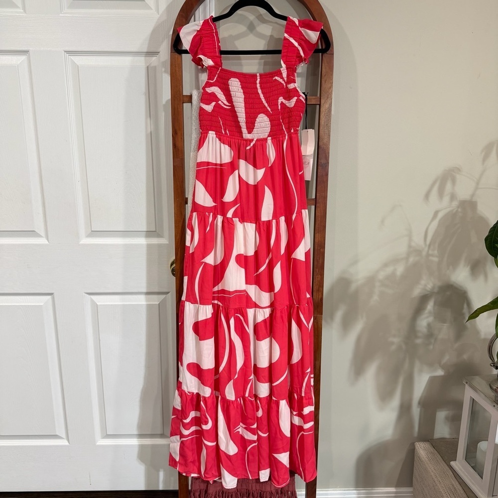 Crystal Doll Red White Smocked Tiered Maxi Dress Ruffle Straps‎ Size S NWT